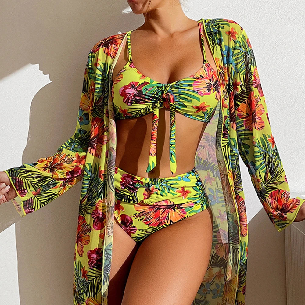 Sexy High Waisted Bikini Three Pieces Floral Printed Swimsuit Women Bikini Set With Mesh Long-Sleeved Blouse Size S-3XL 2024 New