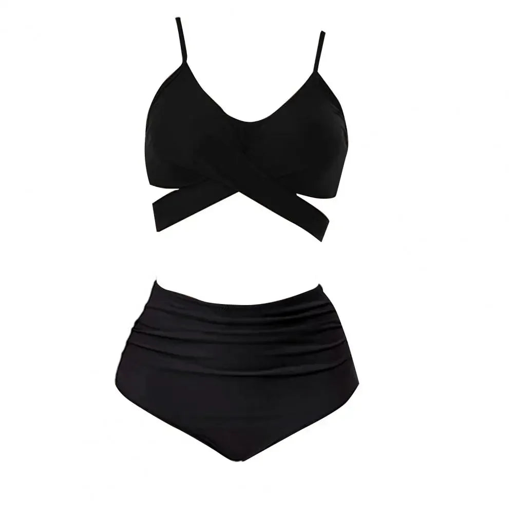 Summer Women Bikini Set Solid Color High Waist Spaghetti Strap Bra Panties Bikini Set Cross Bandage Lady Swimsuit Two Piece Set