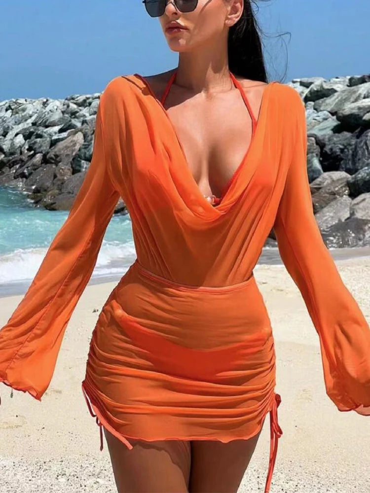 Sexy 2025 Women's Three Piece Bikini Swimsuit Swimwear Women Bathing Suits Sheer Drawstring Bathing Suit With Beach Cover Up