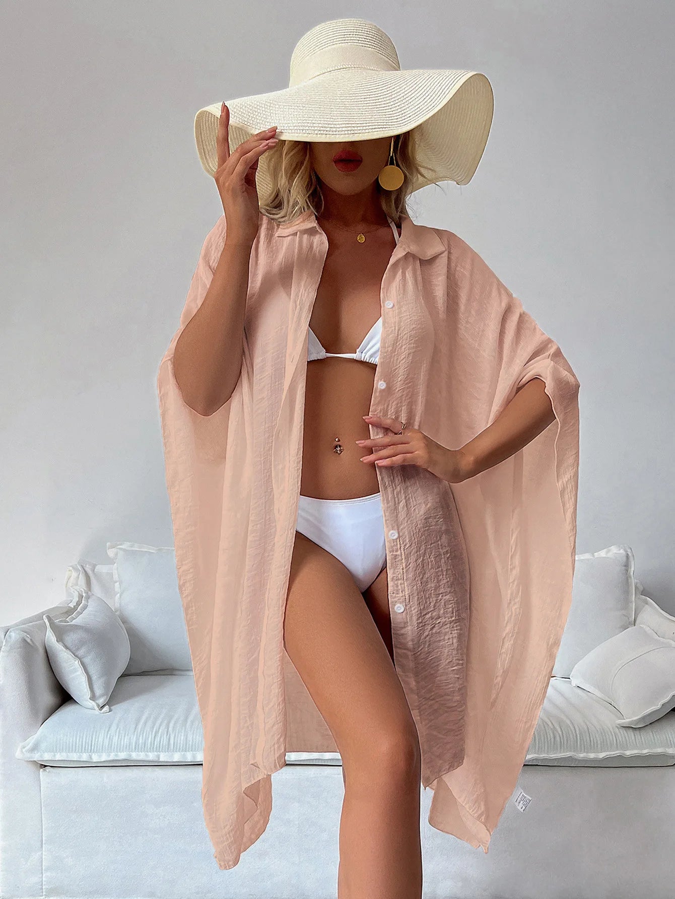 New Sexy Bikini Cover Up Women Beach Shirts Slub Cotton 15ColorsSwimsuit Cape 2024 New Summer Long Sleeve Tunic Swimwear Outfits