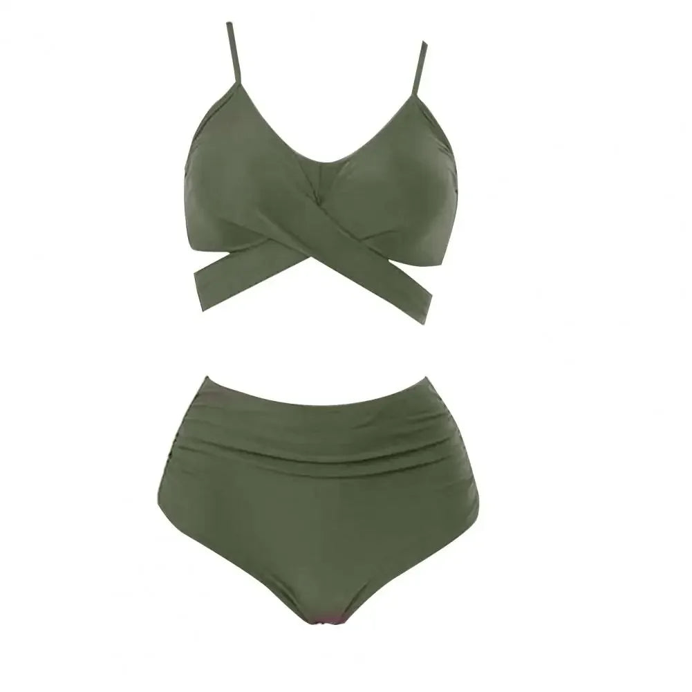 Summer Women Bikini Set Solid Color High Waist Spaghetti Strap Bra Panties Bikini Set Cross Bandage Lady Swimsuit Two Piece Set