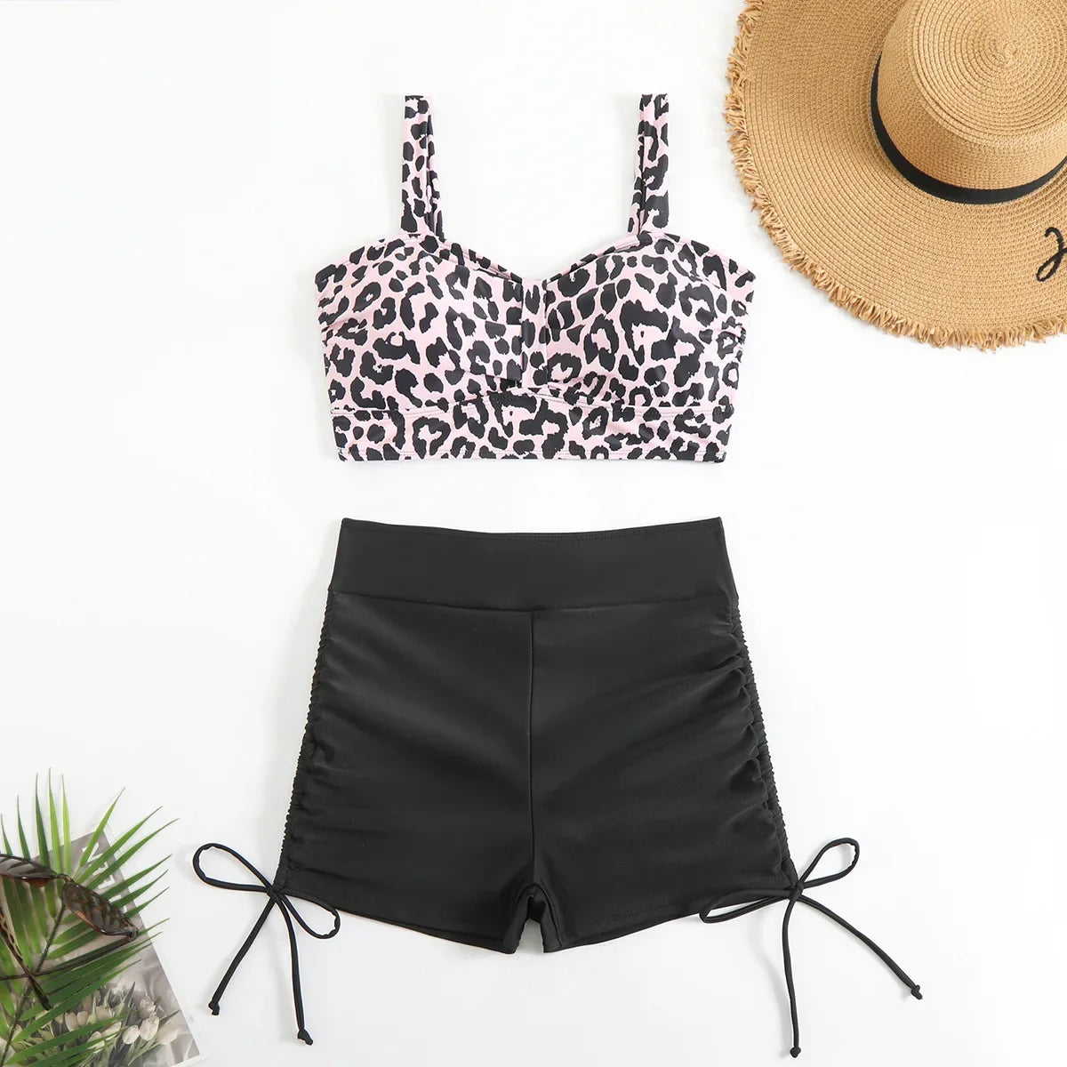 Vintage Black Leopard Print Bikini Set Women Pad Drawstring Side High Waist Panties Swimsuit Beach Bathing Suit Swimwear 2025