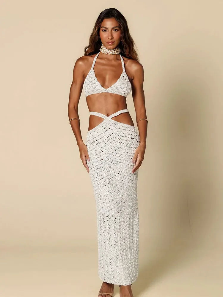 Sexy Beachwear Swimsuit Cover Up White Cut Out Set 2025 Women Summer Knit Bikini Top Crossover Tie-up Long Skirt Two-piece K113