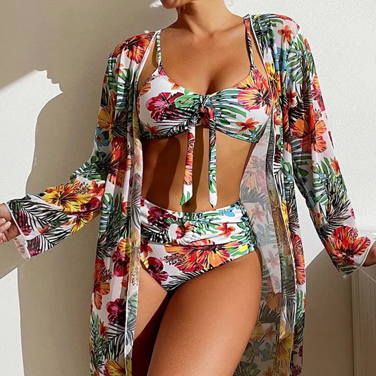 Sexy High Waisted Bikini Three Pieces Floral Printed Swimsuit Women Bikini Set With Mesh Long-Sleeved Blouse Size S-3XL 2024 New