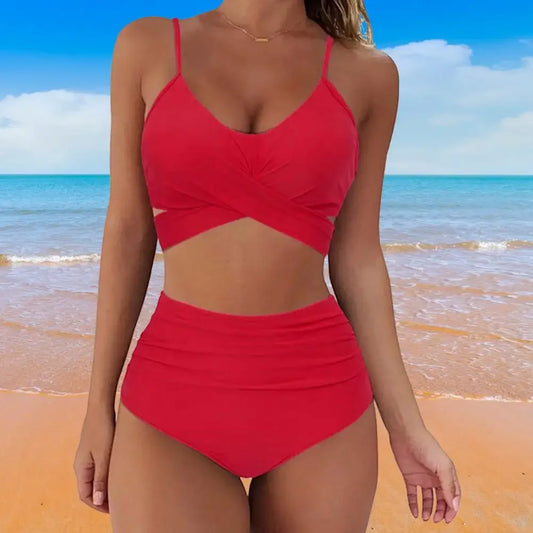 Summer Women Bikini Set Solid Color High Waist Spaghetti Strap Bra Panties Bikini Set Cross Bandage Lady Swimsuit Two Piece Set