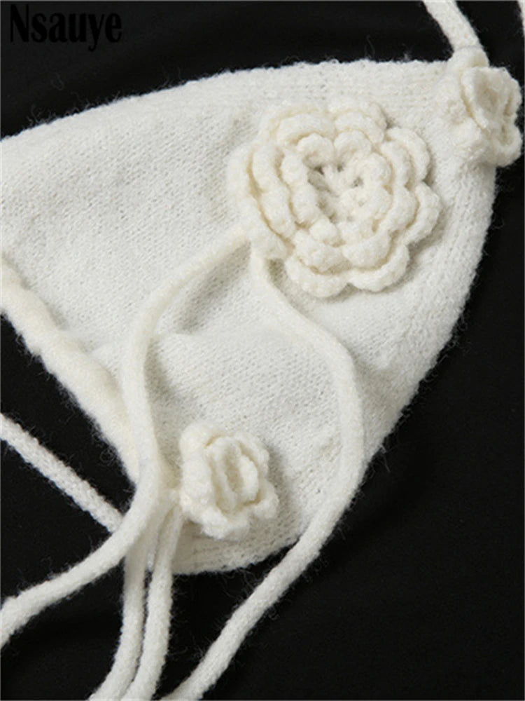 Nsauye Sexy Women Flower White Beach Skirt Dress Two Piece Set Casual Knitted Bikini Tops Long Low Waisted Wrap Club Skirt Suit