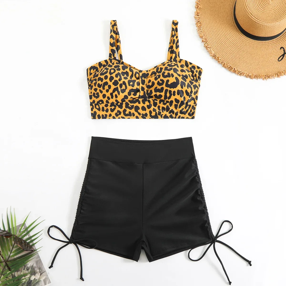 Vintage Black Leopard Print Bikini Set Women Pad Drawstring Side High Waist Panties Swimsuit Beach Bathing Suit Swimwear 2025