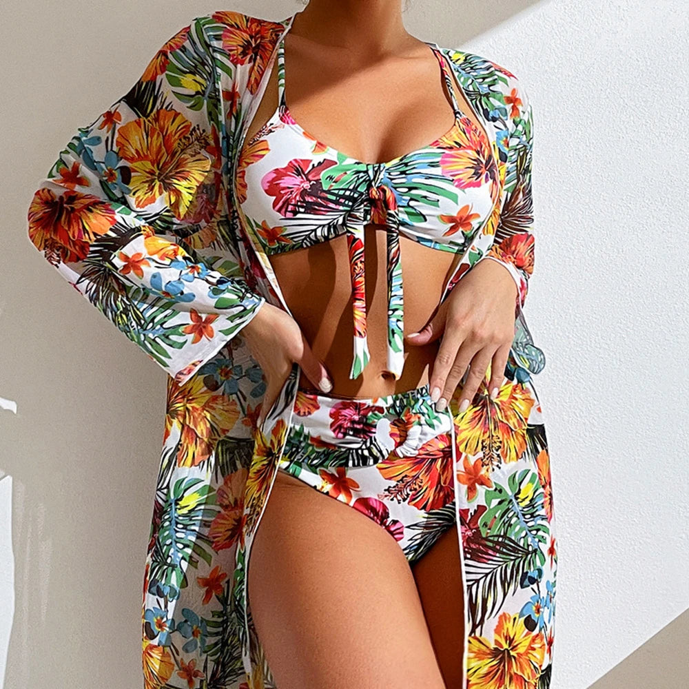 Sexy High Waisted Bikini Three Pieces Floral Printed Swimsuit Women Bikini Set With Mesh Long-Sleeved Blouse Size S-3XL 2024 New